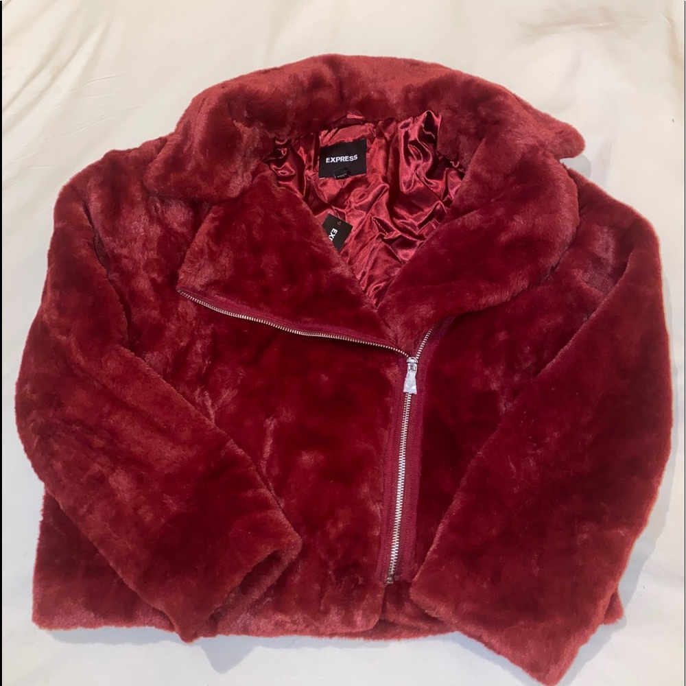 Express faux fur red wine moto jacket coat